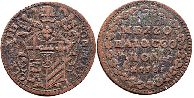 Clement XIII 1758 Half Baiocco